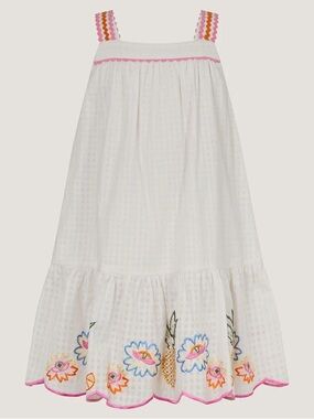 Monsoon White Embroidered Floral Sundress with Pink Trim
